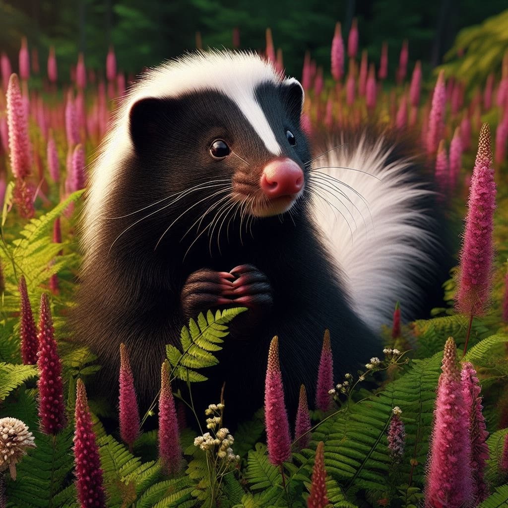An adorable skunk with black and white fur, standing on its hind legs and sniffing the air with its small, button-like nose. Image used for the article Skunk Spiritual Meaning and symbolsim
