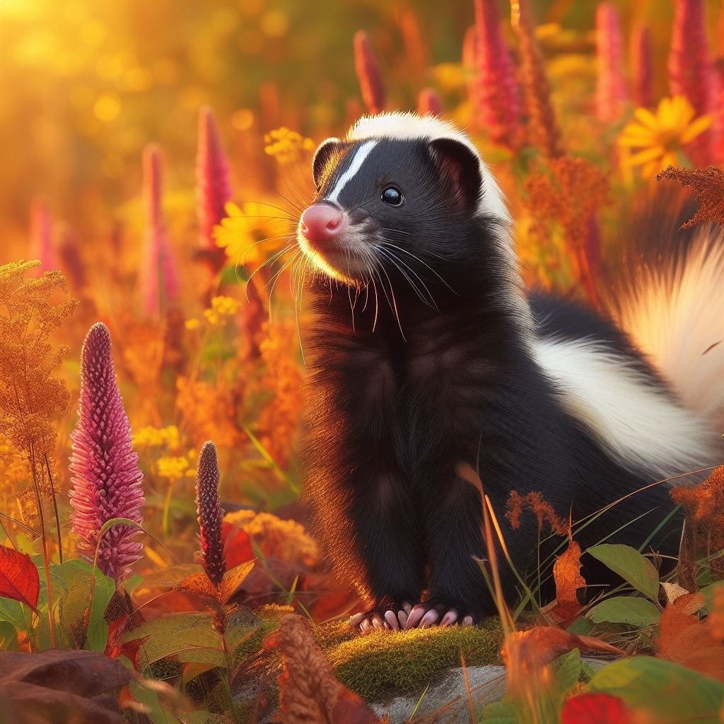 Close-up photo of a skunk with distinctive black and white fur, standing on grass.