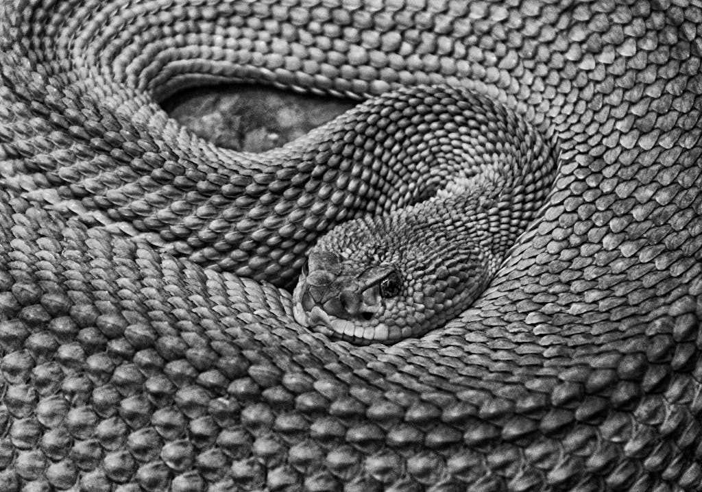 Rattlesnake Symbolism: Totem, Dreams, and Spiritual Meaning An image of a coiled rattlesnake, its scales patterned in shades of brown and tan. The snake's distinctive rattle is visible at the end of its tail. image used for the article Rattlesnake symbolism