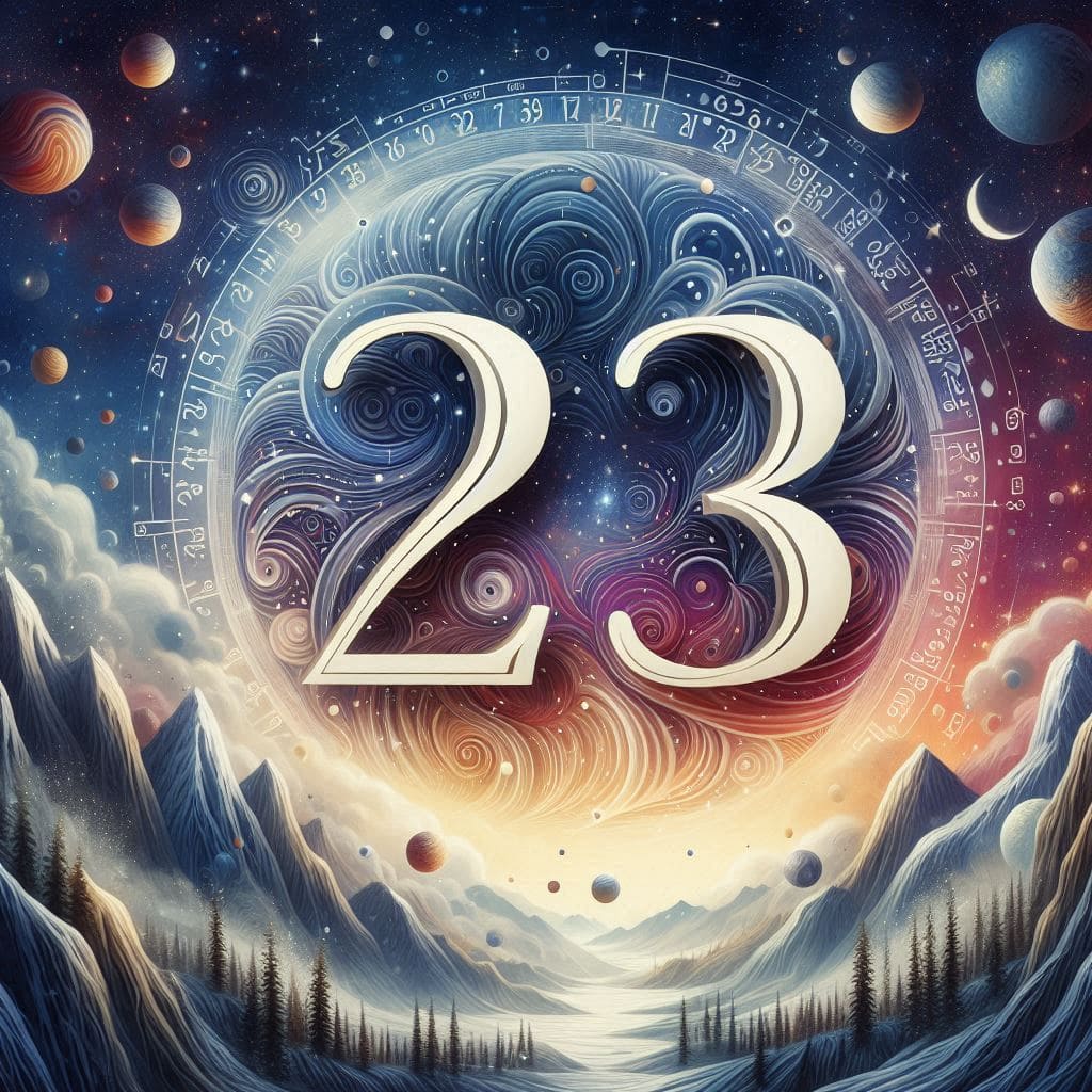 A surreal and cosmic illustration depicting the number 23, prominently displayed in large, elegant numerals. The background features an ethereal mix of swirling galaxies, stars, and planetary bodies against a deep space setting. Surrounding the number are mystical symbols and numerical sequences, enhancing the image's otherworldly feel. Image used for the article numerology number 23.