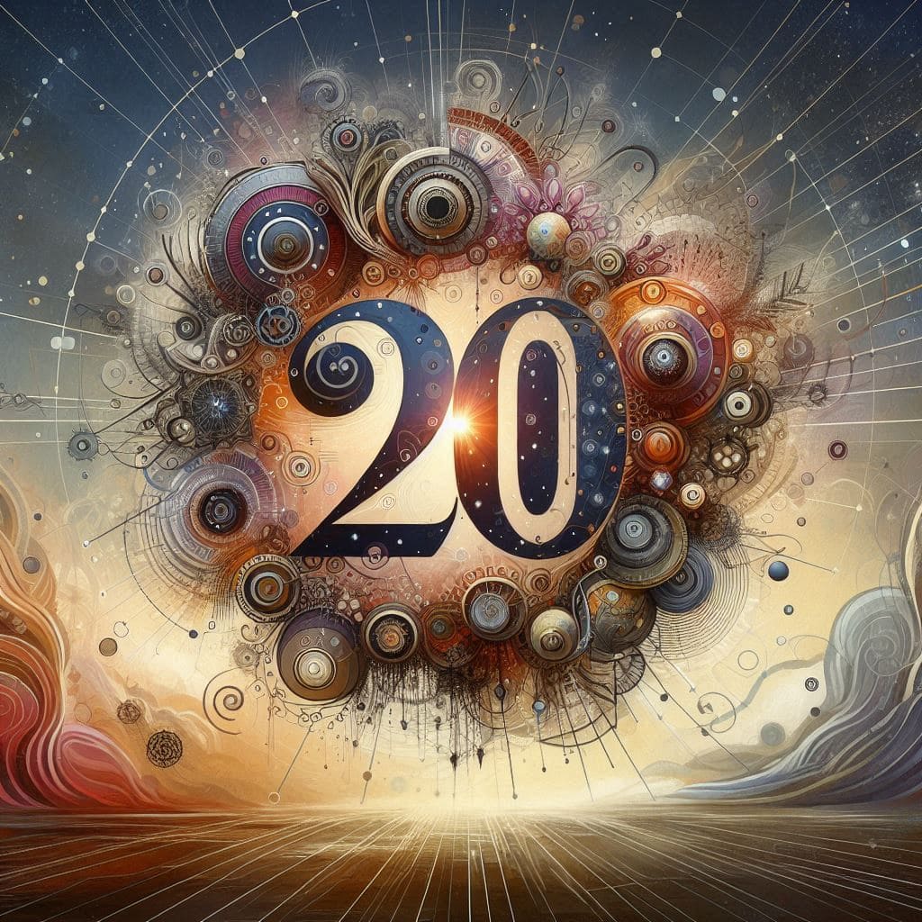 A mystical illustration depicting the numerology of number 20, surrounded by celestial symbols and vibrant colors, symbolizing balance, harmony, and interconnectedness. Image used for the article numerology of number 20.
