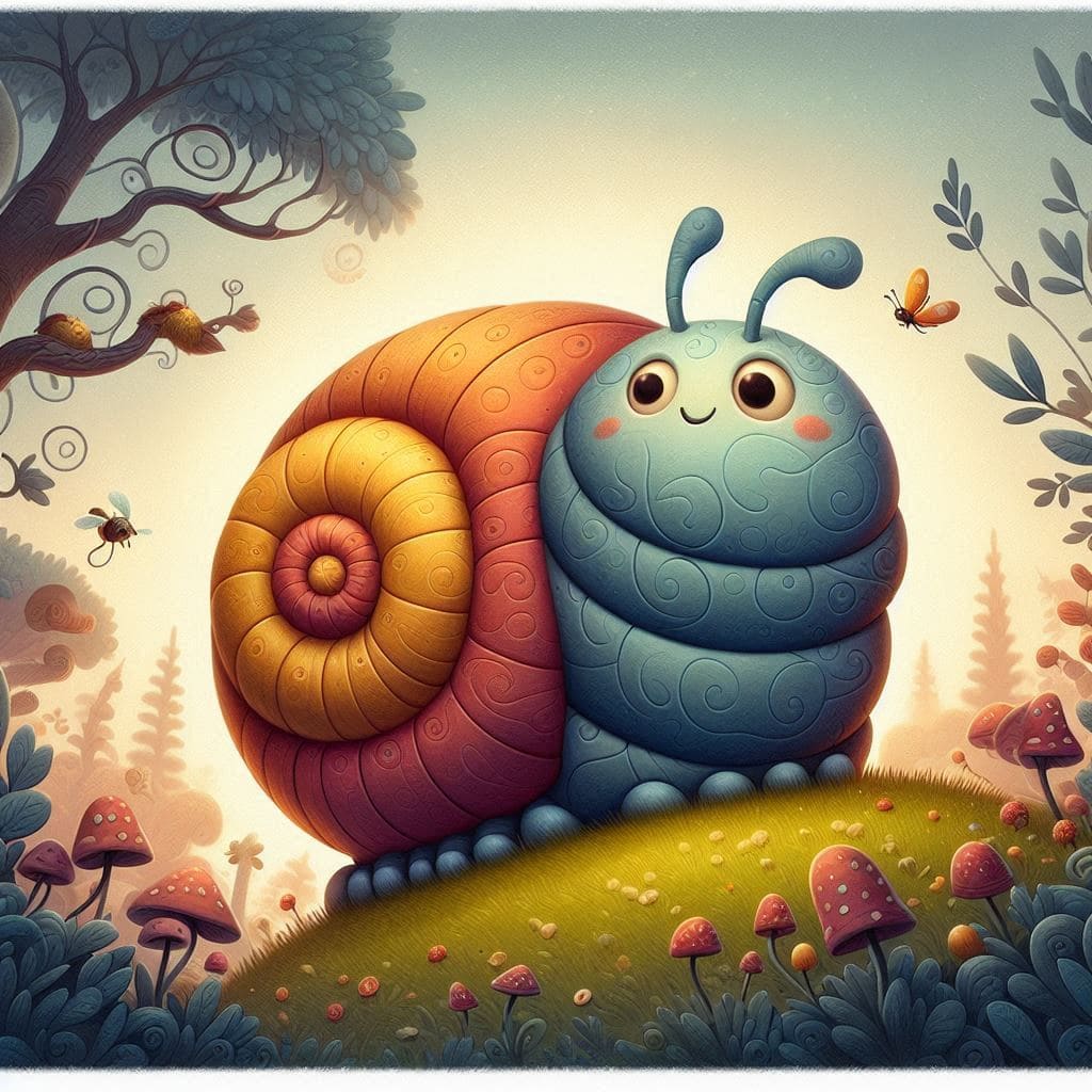 A whimsical, colorful illustration featuring a cute, smiling roly-poly bug with a blue body and a yellow-orange segmented shell. The roly-poly bug is surrounded by a magical forest setting with various plants, trees, mushrooms, and other small insects. The scene has a dreamy, enchanted atmosphere, with soft lighting and intricate details in the foliage and background elements. Image used for the article roly poly spiritual meaning.