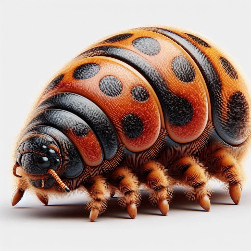 A detailed, vibrant illustration of a roly-poly bug with a segmented body. The bug's shell is a striking mix of orange and black with large, distinct spots. Its tiny legs are covered with fine hairs, and it has a small, expressive face with segmented antennae. The background is plain white, emphasizing the intricate texture and vivid colors of the bug.
