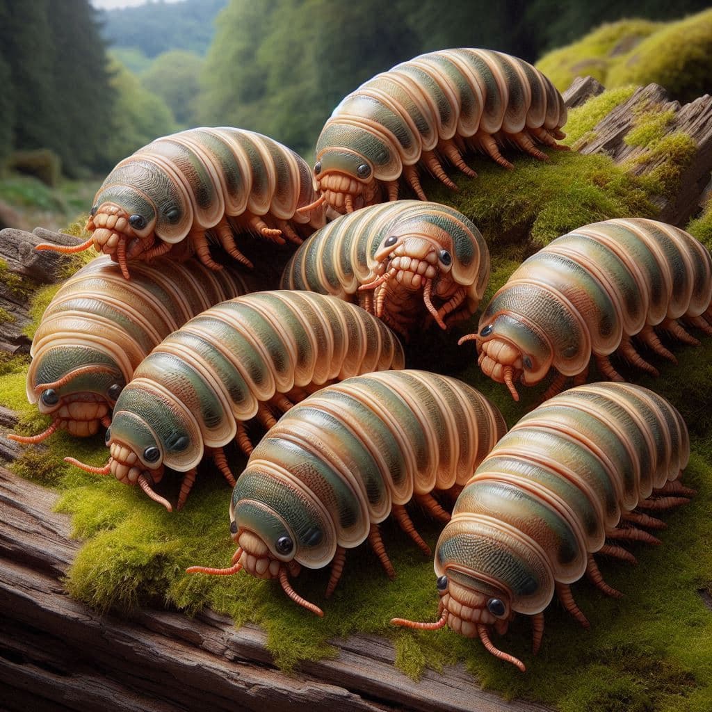 A group of roly-poly bugs, also known as pill bugs, are gathered on a piece of moss-covered wood. The bugs have segmented, shiny exoskeletons with a striped pattern of green and beige, and their tiny legs and antennae are visible. The background features a blurred, lush green forest.