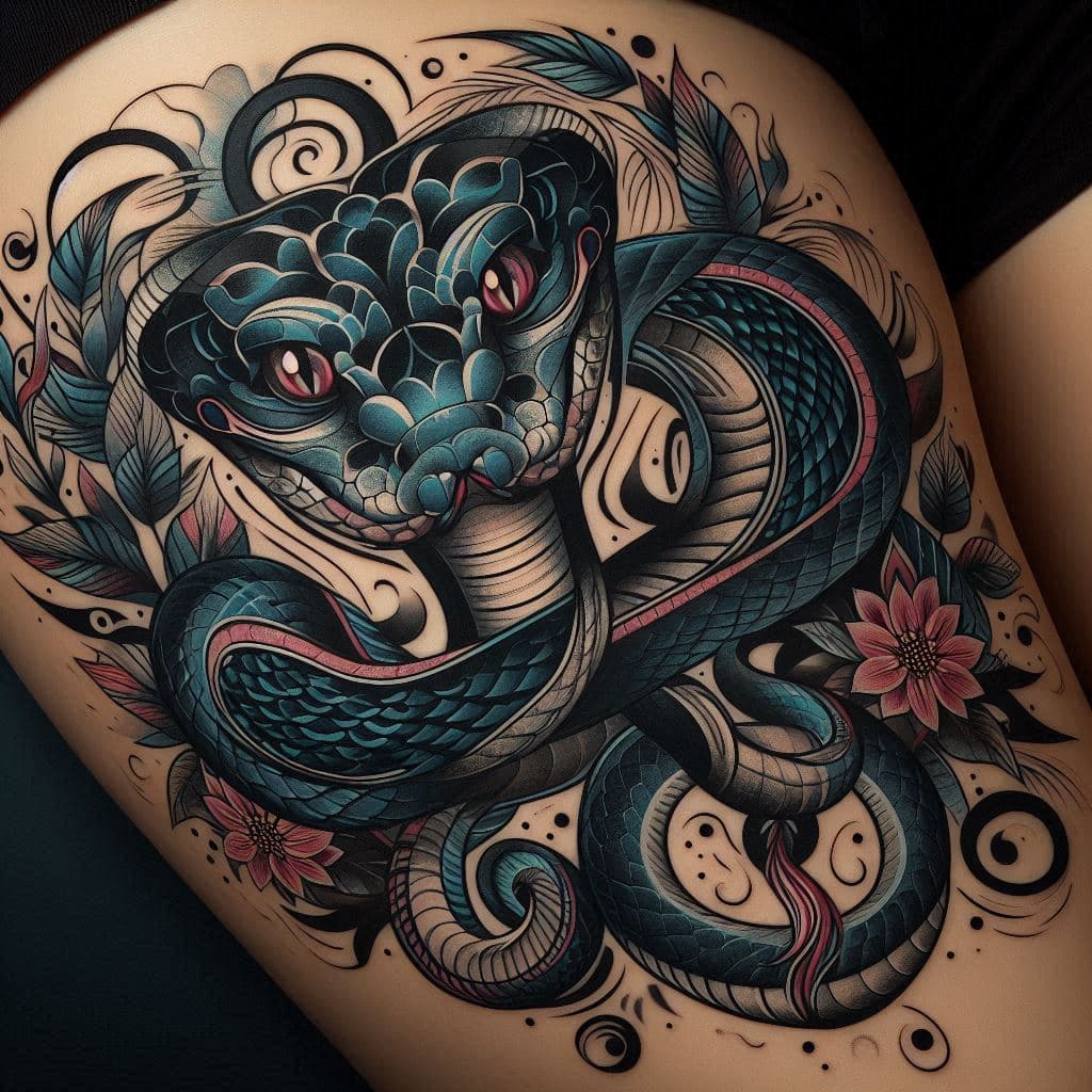 A highly detailed tattoo depicting a snake with intricate blue and teal scales, its head prominently displayed with vivid red eyes. The snake's body is coiled around itself, set against a backdrop of stylized leaves and flowers in complementary colors. The design is rich in cultural symbolism, representing transformation, protection, and power. The placement on the skin adds to the lifelike appearance, making the snake appear dynamic and intense.