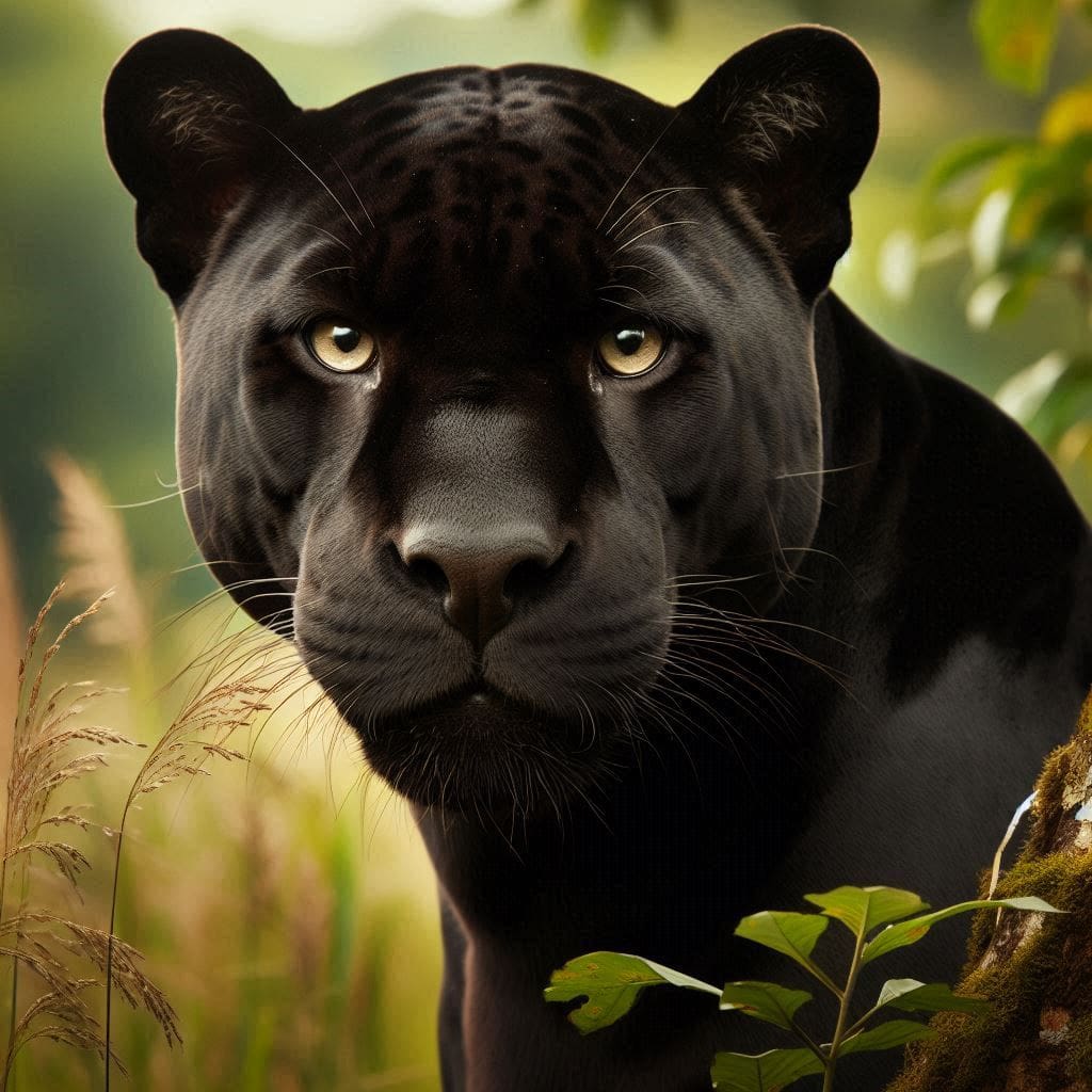 A Complete Guide to Black Jaguar Symbolism A close-up portrait of a black jaguar, showcasing its intense, mesmerizing eyes and sleek, dark fur with faint rosette patterns. The background features lush greenery, adding a natural and serene ambiance to the image. The jaguar's focused gaze and detailed facial features highlight its majestic and powerful presence.