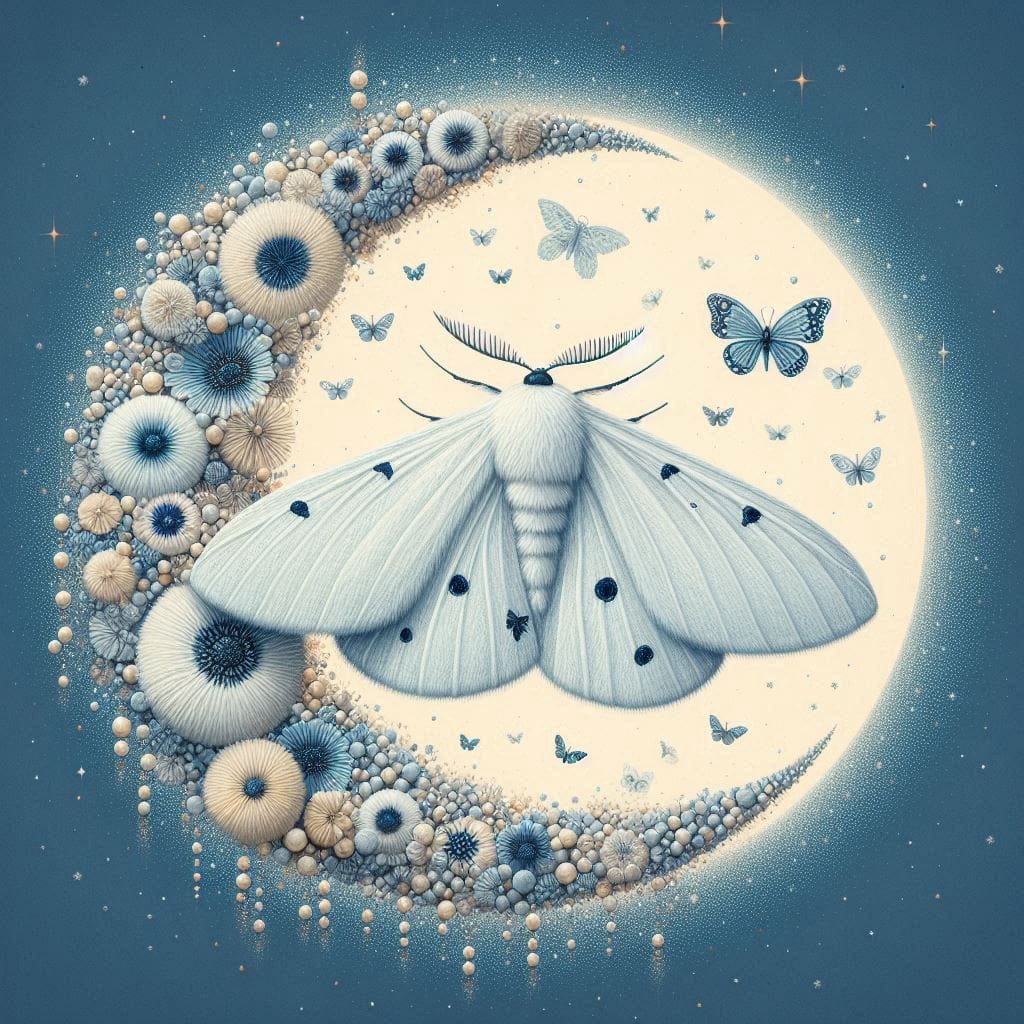 An image of a white moth with black spots, prominently displayed against a large, glowing full moon. The moon is adorned with a crescent of intricate floral designs in shades of blue and beige, adding a textured, almost three-dimensional effect. 