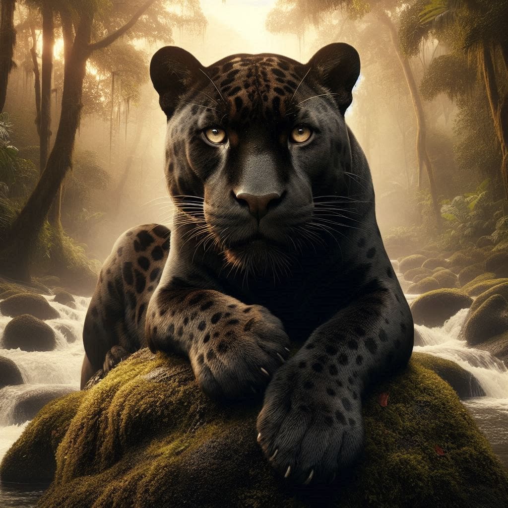 A Complete Guide to Black Jaguar Symbolism A majestic black jaguar reclines on a moss-covered rock by a flowing stream in a misty jungle. Its golden eyes gaze intently, exuding a sense of power and mystery. This captivating image symbolizes various cultural meanings: in some Native American traditions, the black jaguar represents the night, the moon, and the unknown, embodying strength, stealth, and transformation. In Mayan culture, it is revered as a symbol of the underworld and a guardian of sacred sites.