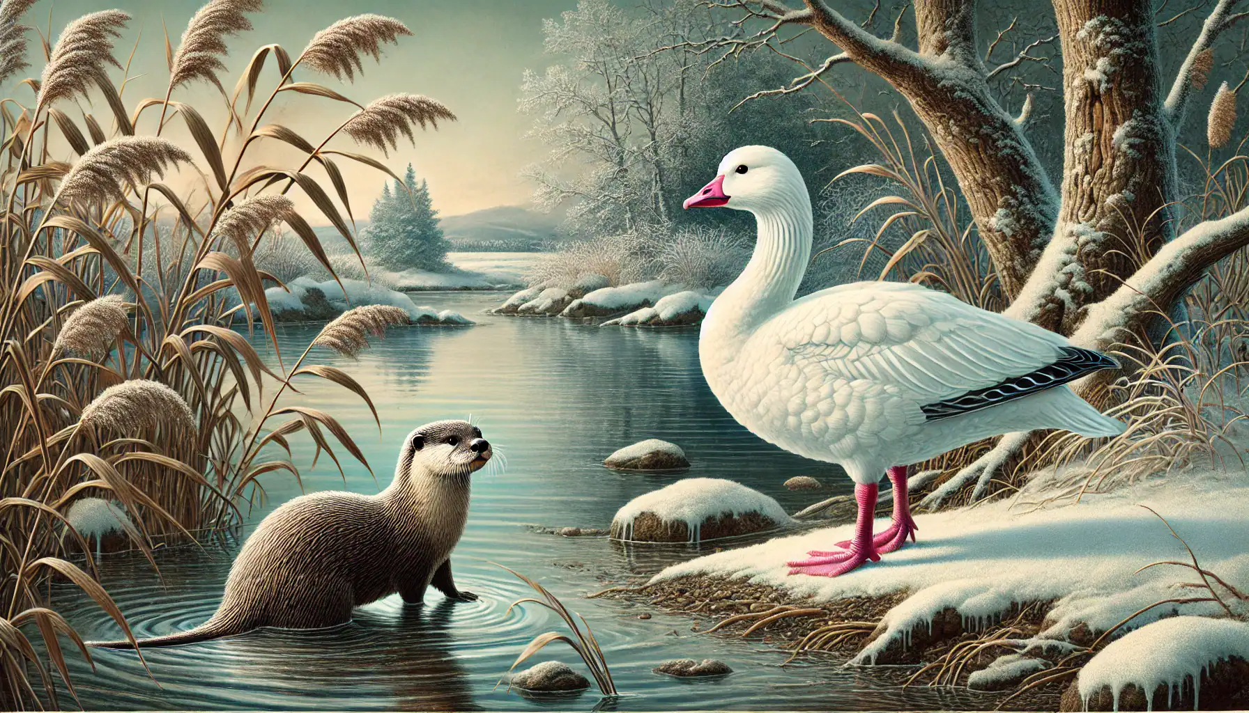 A peaceful winter scene by a partially frozen river. A white swan with pink feet stands gracefully on a snowy riverbank, while an otter wades in the shallow water nearby. Tall, frosted reeds and snow-covered trees line the river, which reflects the muted, wintry light. The background features snow-dusted. Image used for the article Spirit Animal for January.
