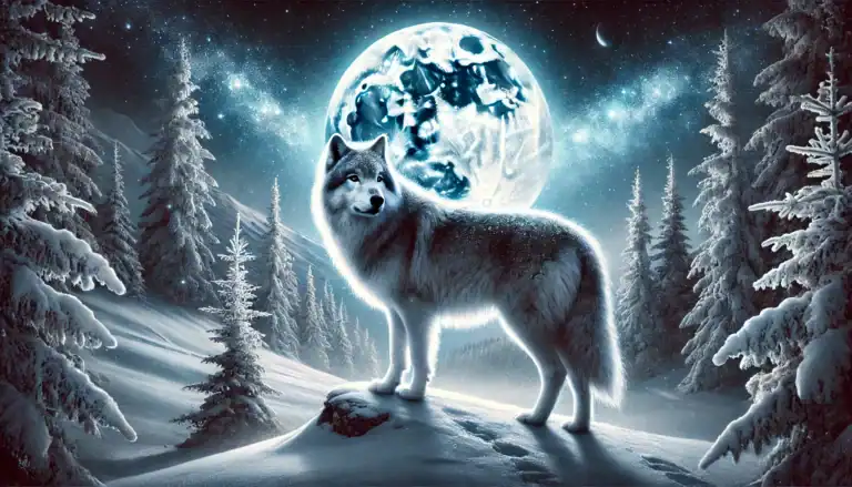 Image of a wolf standing on a snowy landscape at night, with a full moon and its light illuminating the scene. The moon is large and prominent in the background, casting a blue glow over the snow-covered trees surrounding the wolf. The wolf’s fur appears luminous under the moonlight, adding to the mystical atmosphere of this winter scene. Image used for the article spirit animal for February.