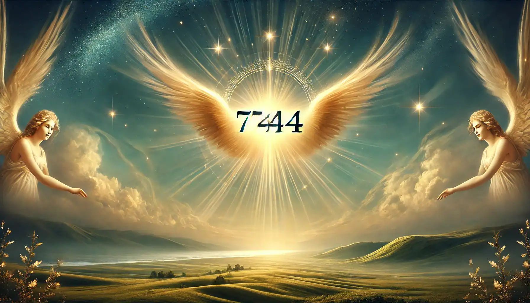 7744 Angel Number - Meaning in Love, Twin Flame, Career, and Health Close-up image featuring the angel number 7744 glowing in golden light, surrounded by radiant angel wings. Two serene angelic figures hover on either side, reaching toward the number. The background showcases a tranquil, rolling landscape under a starry sky with beams of sunlight breaking through clouds, creating a divine and peaceful atmosphere. Representing 7744 angel number in numerology.