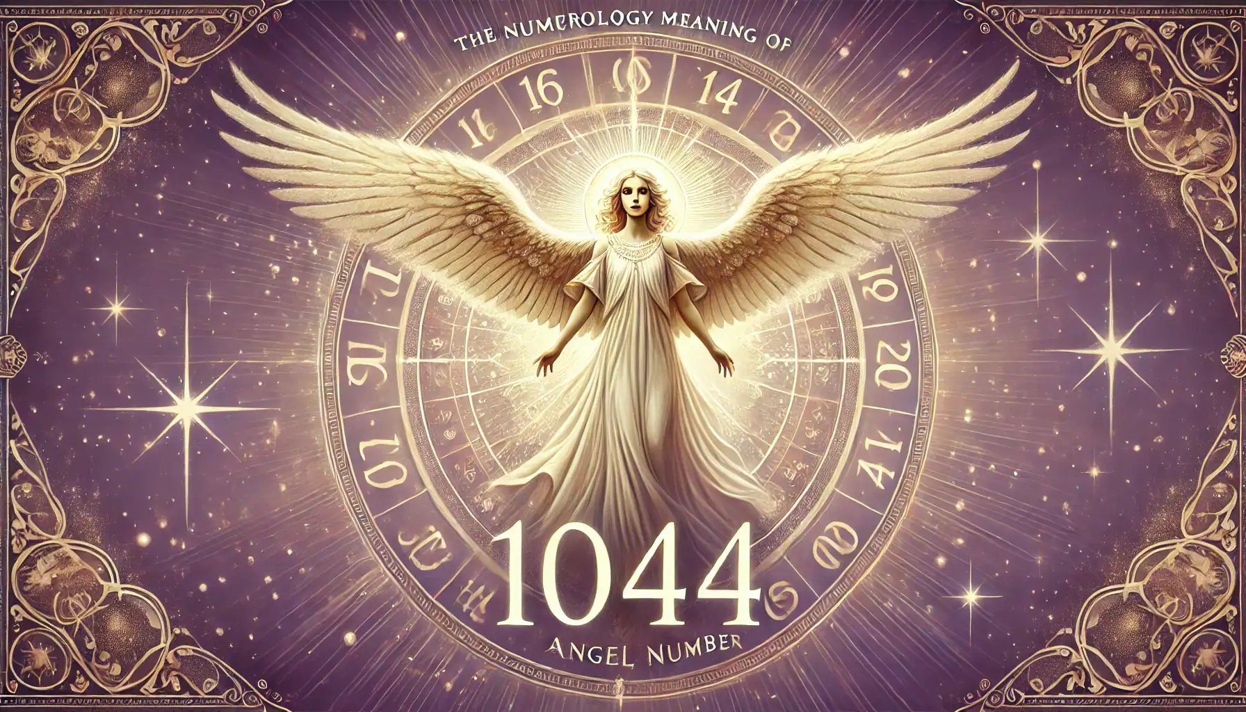 The Hidden Meaning Behind Angel Number 1044 Image of a angel with large, outstretched wings stands in the center, surrounded by a soft golden light and mystical symbols. The background features a purple-to-gold gradient, representing spirituality and divine energy. Showing numerology meaning of Angel Number 1044.
