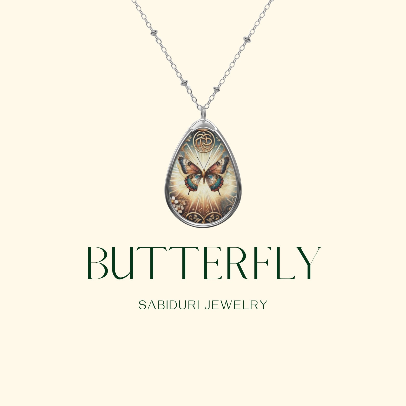 Spirit animal jewelry showing a necklace with butterfly pendant 