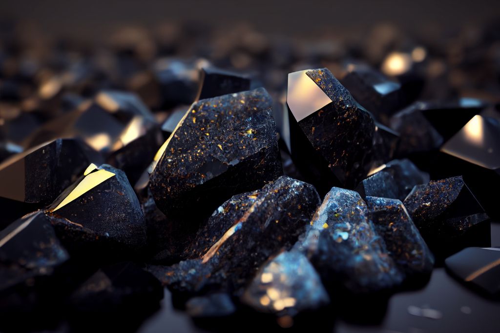 The image shows a collection of dark, angular crystals with a deep blue-black hue, scattered across a dark surface. Some of the crystals have reflective, mirror-like facets, catching light with sharp, geometric highlights. The crystals appear to have flecks of gold or iridescent particles embedded within their surface, giving them a starry, cosmic appearance.