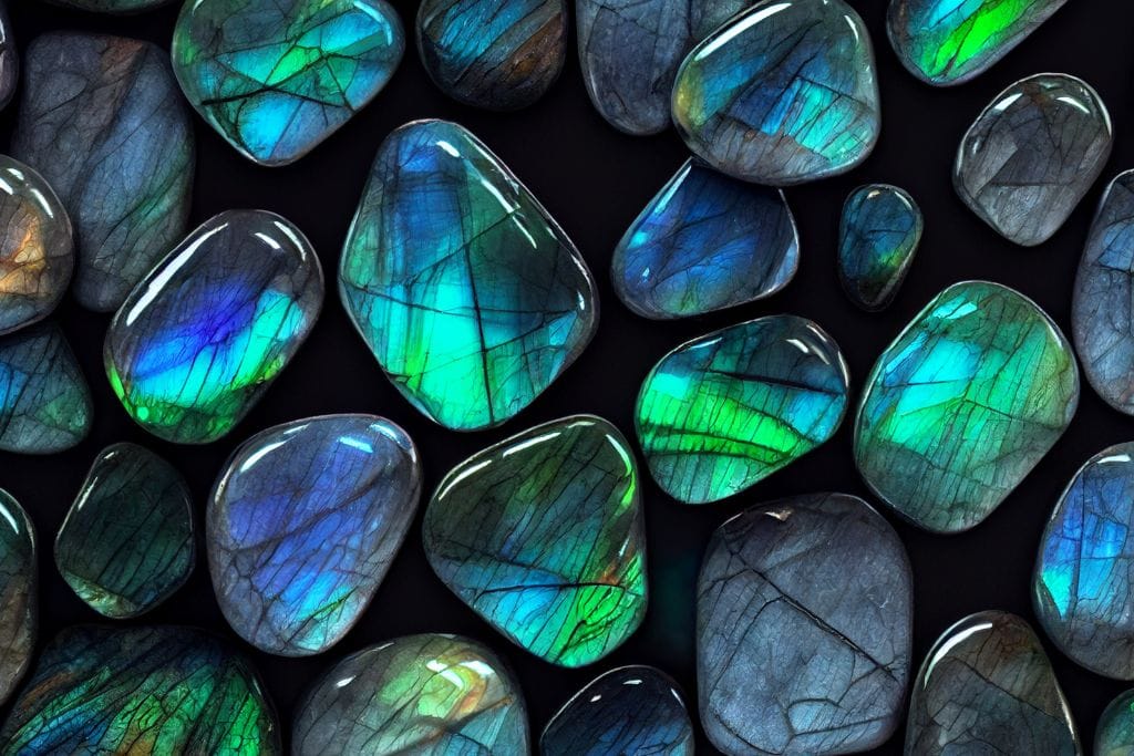 The image shows a collection of polished labradorite stones with their characteristic iridescent play of colors. The stones exhibit flashes of vibrant greens, blues, and purples, reflecting light in different angles. Their smooth surfaces are contrasted by the dark veins running through each stone, adding depth and texture to the shimmering hues.