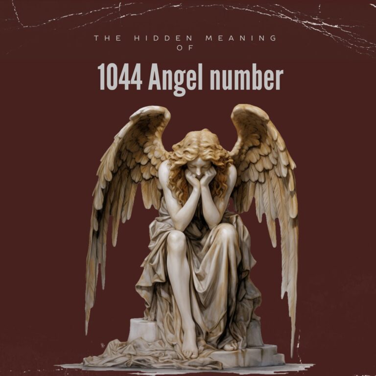 Close-up image of a sculpted angel sitting with its head resting on its hands in a reflective or contemplative pose. The angel has large, detailed wings and flowing hair, and is seated on a pedestal. The color palette primarily consists of earthy tones like beige and gold, contrasting with the deep reddish-brown background. Image used for the article Angel number 1044.