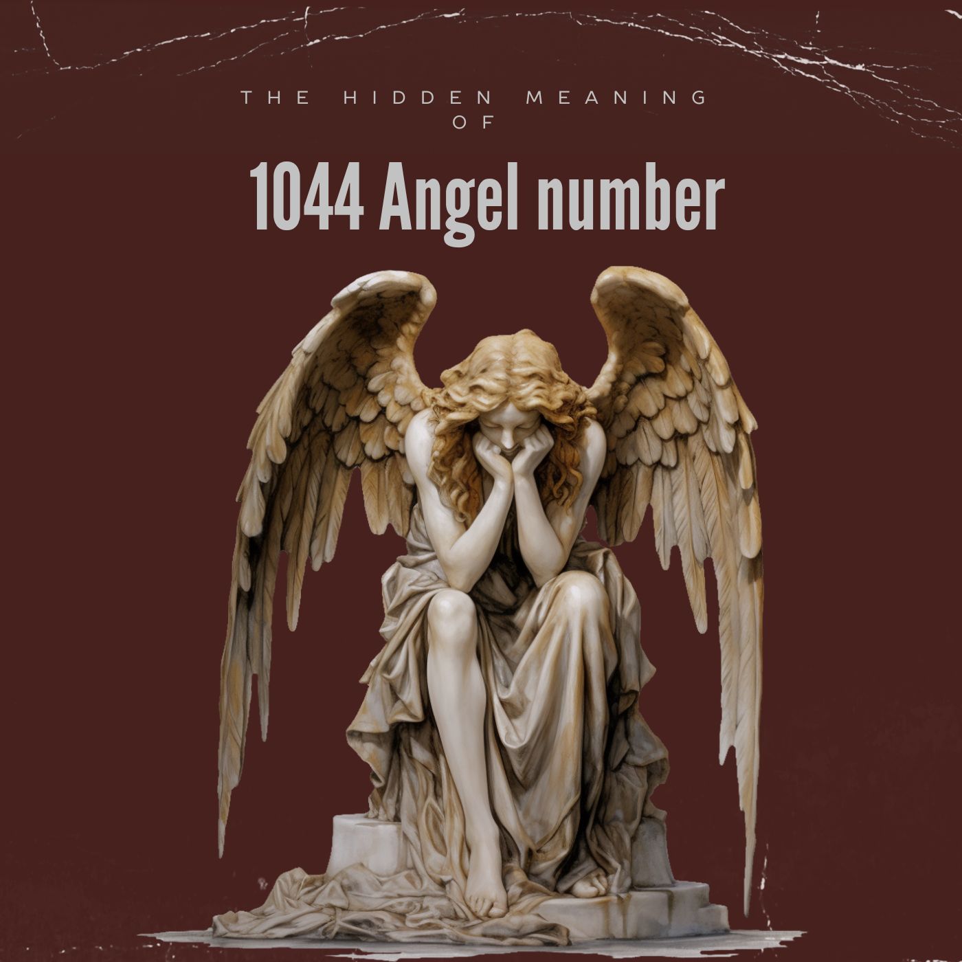 Close-up image of a sculpted angel sitting with its head resting on its hands in a reflective or contemplative pose. The angel has large, detailed wings and flowing hair, and is seated on a pedestal. The color palette primarily consists of earthy tones like beige and gold, contrasting with the deep reddish-brown background. Image used for the article Angel number 1044.