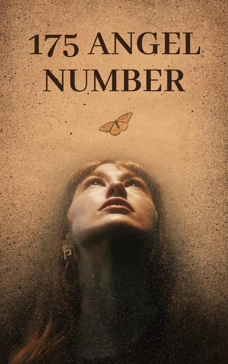 Image of a woman gazing upwards toward a butterfly hovering above their head. The image has a warm, sepia-toned filter with a grainy, textured effect, giving it a dreamlike or mystical atmosphere. Above the figure, bold text reads "175 ANGEL NUMBER," suggesting a spiritual or symbolic meaning. The overall mood is reflective, with the person’s facial expression conveying wonder or contemplation as they look at the butterfly, which may symbolize transformation or guidance. The textured background adds depth and a sense of mystery to the image.