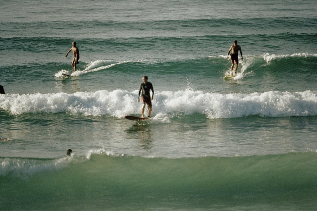 This image shows three surfers riding gentle waves on their longboards in a clear, sunlit ocean. Two of the surfers are standing shirtless, while the third wears a wetsuit, each balancing smoothly as they navigate the small, rolling waves. The water is calm, reflecting the surfers and the peaceful mood of the scene.