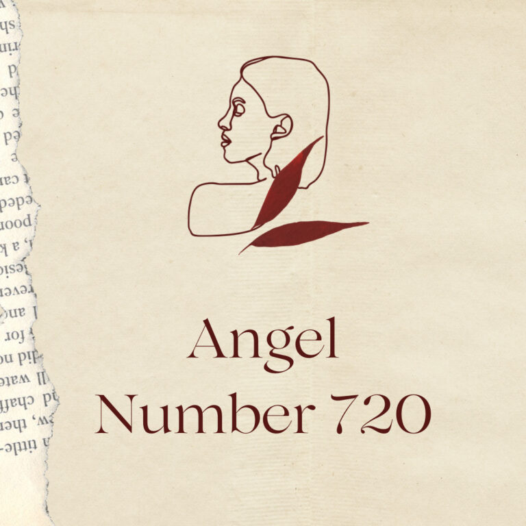 A minimalist illustration featuring a line drawing of a woman's side profile with two abstract leaf shapes near her shoulder. Below the image, the words "Angel Number 720" are written in elegant, serif font. The background has a vintage paper texture, with a torn edge revealing faint text, giving the design a calm and spiritual feel. Image used for the article Angel Number 720.