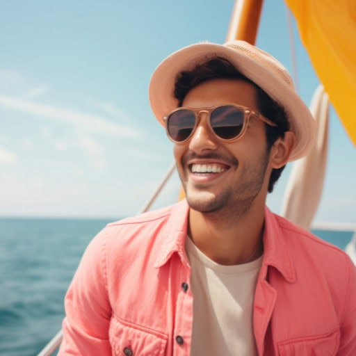 A man is smiling while wearing sunglasses, a pink shirt, and a beige hat, enjoying a sunny day on a boat. The background shows the ocean and a clear blue sky. This image could represent "Liam" enjoying a relaxing day at sea.