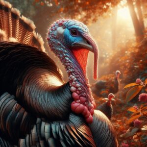 Close-up image of a wild turkey with a striking red and blue head. The bird's textured skin, detailed feathers, and long wattle are illuminated by warm sunlight streaming through a forest. The background features blurred foliage and two other turkeys, adding depth to the natural woodland setting.