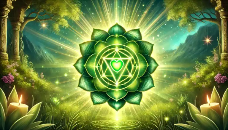Image of a green chakra symbol representing the heart chakra (Anahata), glowing radiantly in the center. The image features a luminous green lotus with 12 petals surrounding two interlocking triangles. The background is a serene mix of soft greenery and ethereal light beams, creating a mystical and peaceful. Image used for the article Green chakra.