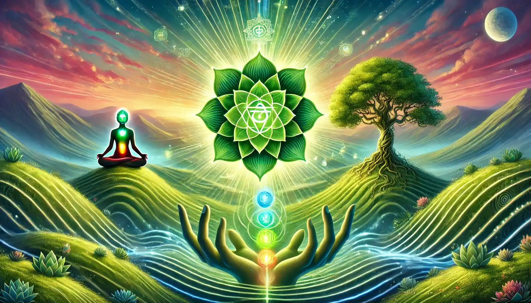 Image of the Heart Chakra (green chakra) in a symbolic landscape. At the center is a glowing green lotus with 12 petals radiating light, symbolizing love and compassion. Energy lines flow outward, representing unity and healing. To the left is a lush tree signifying growth and connection to nature, while on the right, hands form a heart symbolizing empathy and relationships. The serene backdrop includes a sunrise over gentle rolling hills, evoking themes of renewal and harmony with calming green and golden hues. 