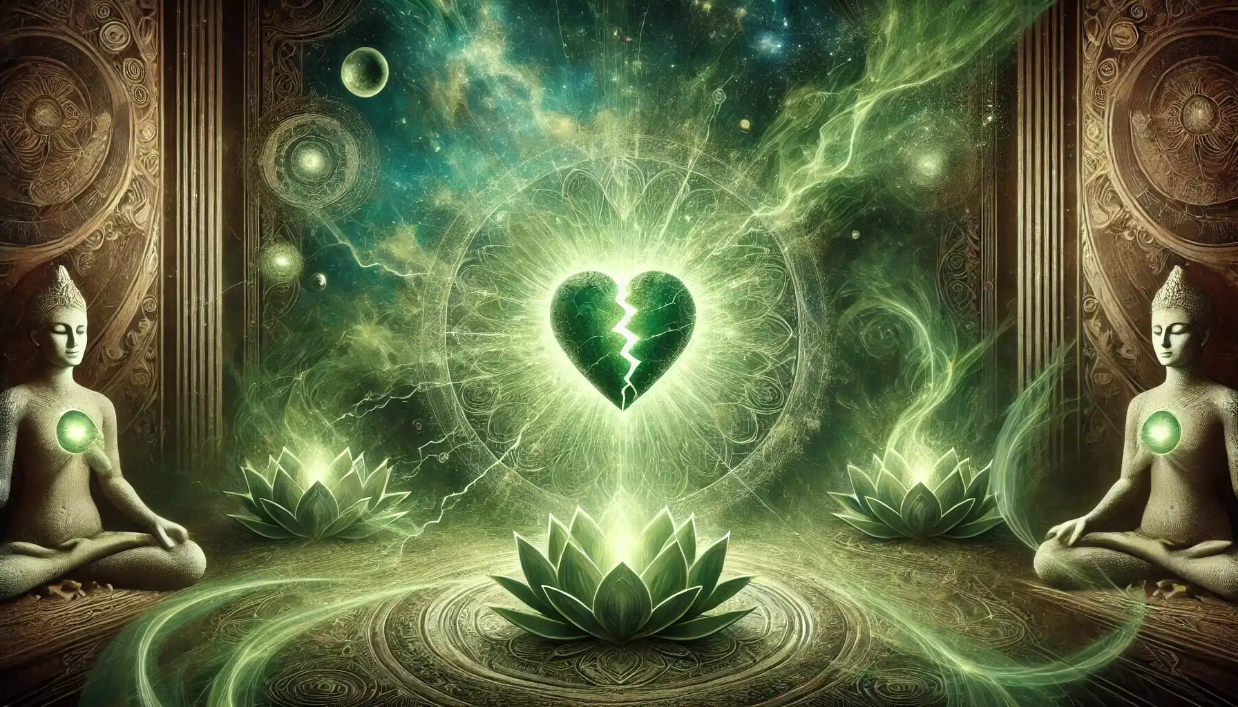 Close-up image features an abstract energy field in vibrant green shades surrounded by darker, muted tones symbolizing imbalance. At the center, a heart-shaped symbol appears fragmented, with faint green rays attempting to break free. The scene is enriched with swirling energy patterns, subtle lotus motifs, and a cosmic background fading into shadowy hues, evoking a mystical atmosphere. Image used for the article Green Chakra.