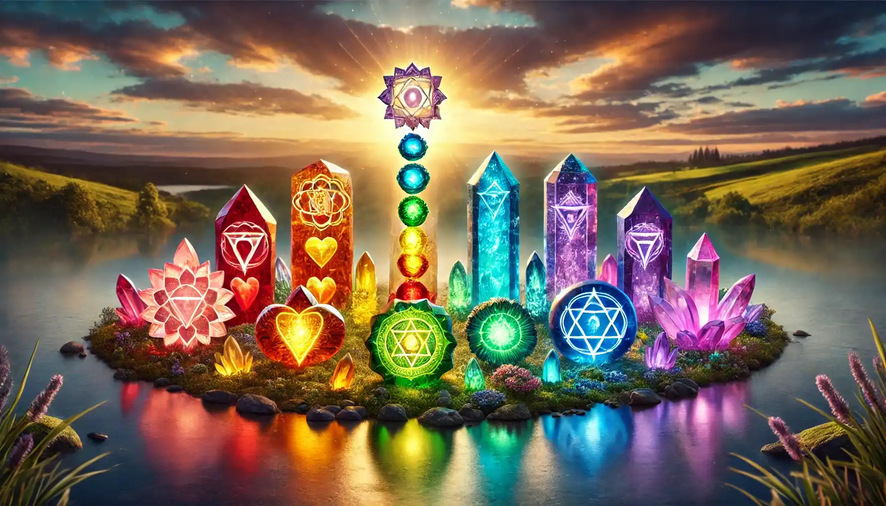 Image of chakra crystals glowing in their respective colors—red, orange, yellow, green, blue, indigo, and violet—arranged in a harmonious pattern on a lush green landscape. The background features a tranquil lake and a golden sunset sky, symbolizing balance and spiritual energy.