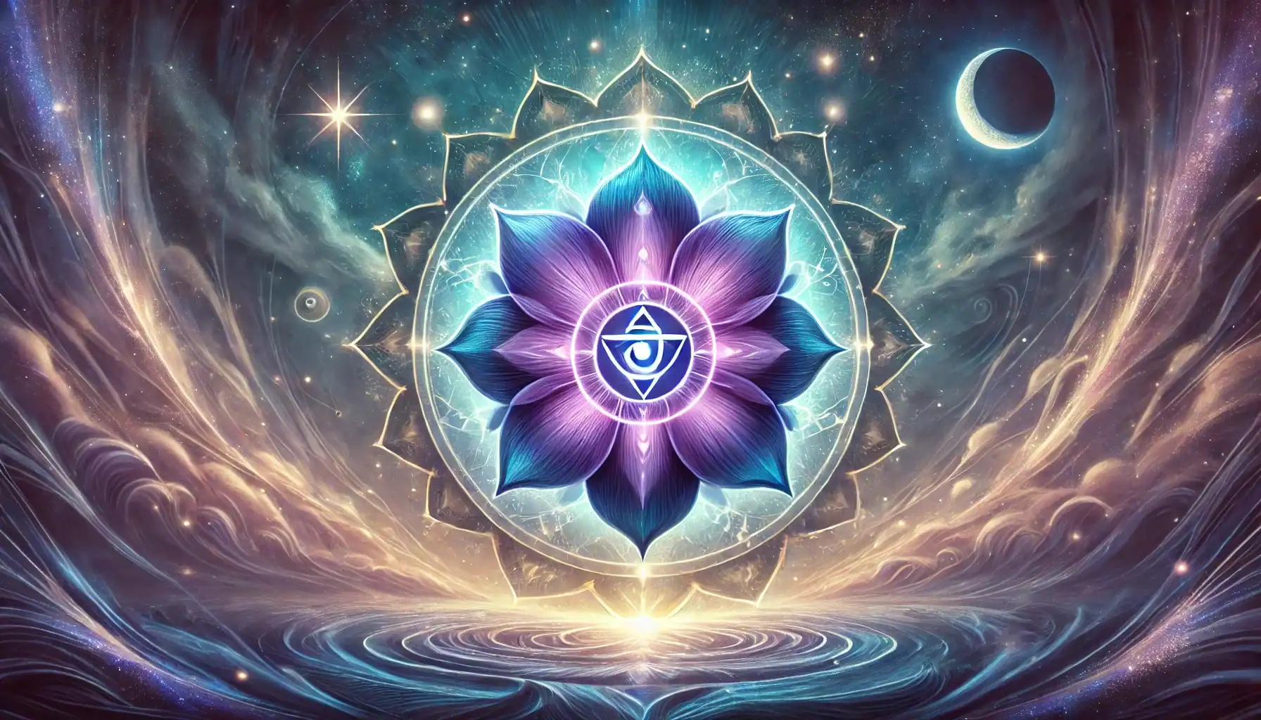 The 12 Chakra System - A Complete Guide of the Third Eye Chakra (Ajna chakra) featuring an indigo lotus with two petals. The symbol is surrounded by a radiant, mystical backdrop of swirling light and energy in shades of purple, blue, and indigo. The center includes a circle with an upward-pointing triangle, symbolizing intuition and wisdom.
