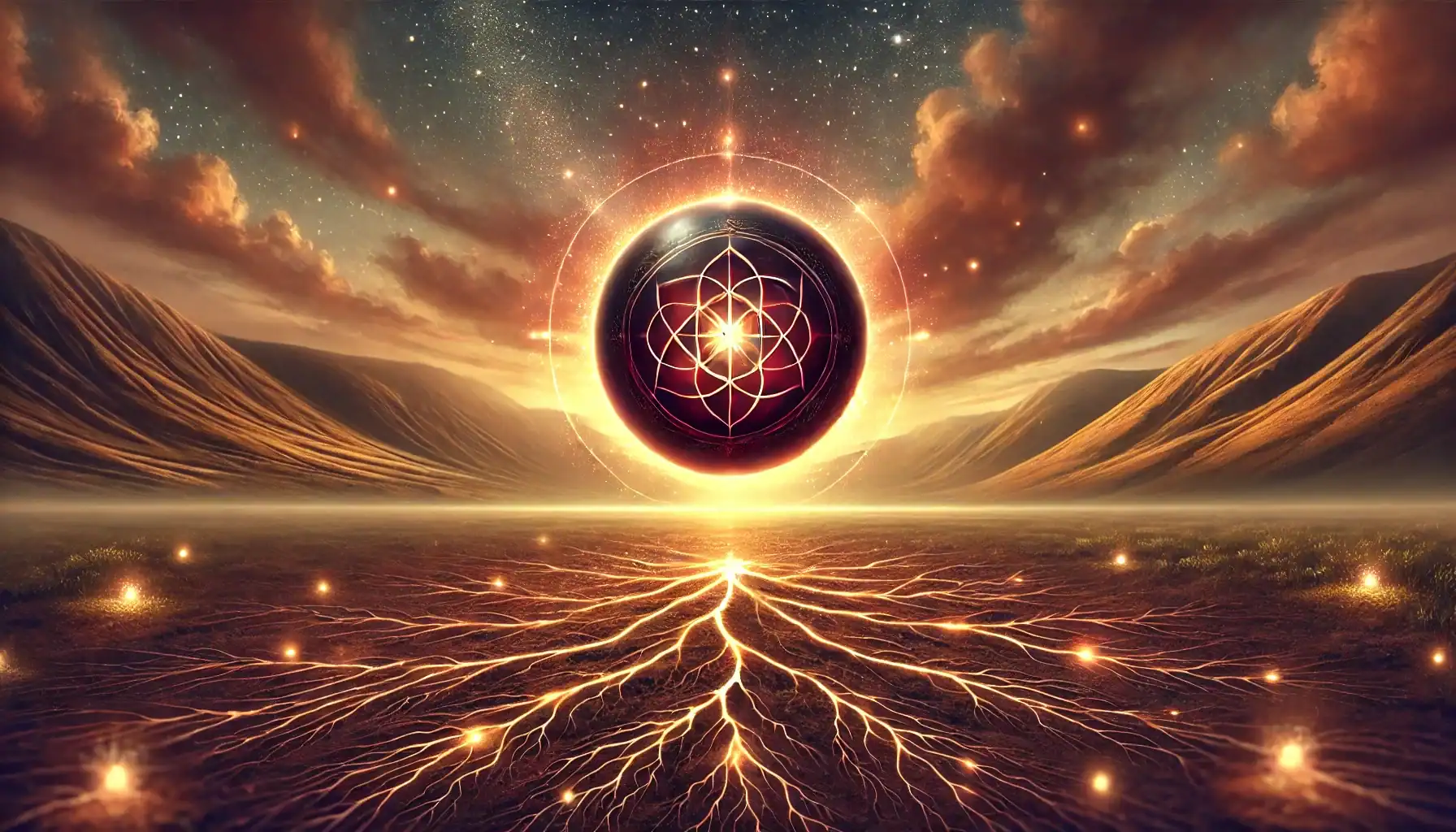 The 12 Chakra System - A Complete Guide Image of the Earth Star Chakra, represented as a radiant energy sphere glowing with dark brown, black, and deep red hues. The chakra sits above a rich, earthy ground with glowing roots extending into the soil, symbolizing grounding and connection. Image used for the article 12 chakra system.