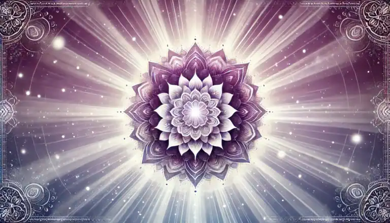 Image of the Crown Chakra (Sahasrara) featuring a luminous mandala at the center with a violet and white color scheme. The design includes radiating light beams symbolizing energy and spiritual connection, set against a soft gradient background transitioning from deep violet to white, evoking a serene and celestial atmosphere. Image used for the article Crown Chakra Color.