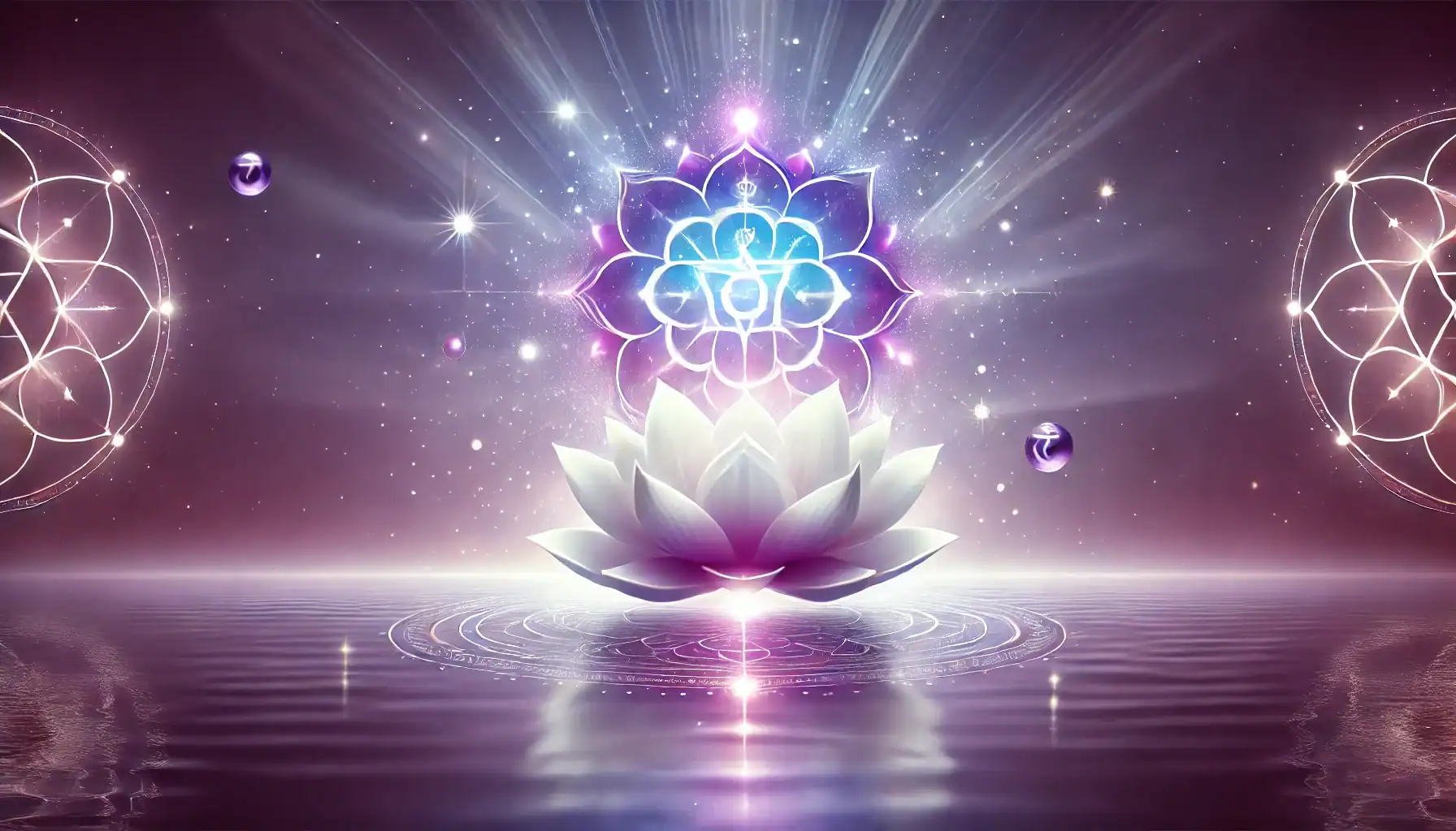 Crown Chakra Color - How to Activate and Balance it Image of a glowing violet and white lotus flower representing the Crown Chakra, radiating mystical energy with 1,000 petals. The background is a gradient of deep purple fading to white, surrounded by sparkling light particles and cosmic symbols, evoking feelings of tranquility and divine connection. Image used for the article Crown Chakra Color.
