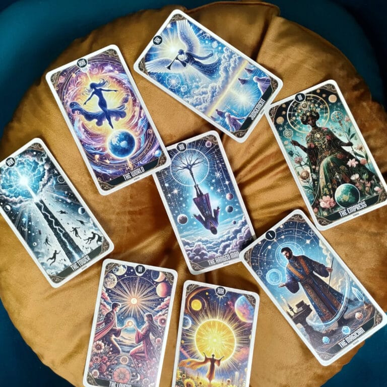 A collection of Tarot cards laid out on a golden cushion, featuring vibrant and mystical artwork. The visible cards include "The World," "The Empress," "The Magician," "The Hanged Man," "The Lovers," "The Tower," and "Judgement," each showcasing cosmic and celestial themes, with elements like planets, stars, and ethereal beings. The cards are designed with intricate, colorful illustrations that evoke a sense of spiritual awakening and transformation.
