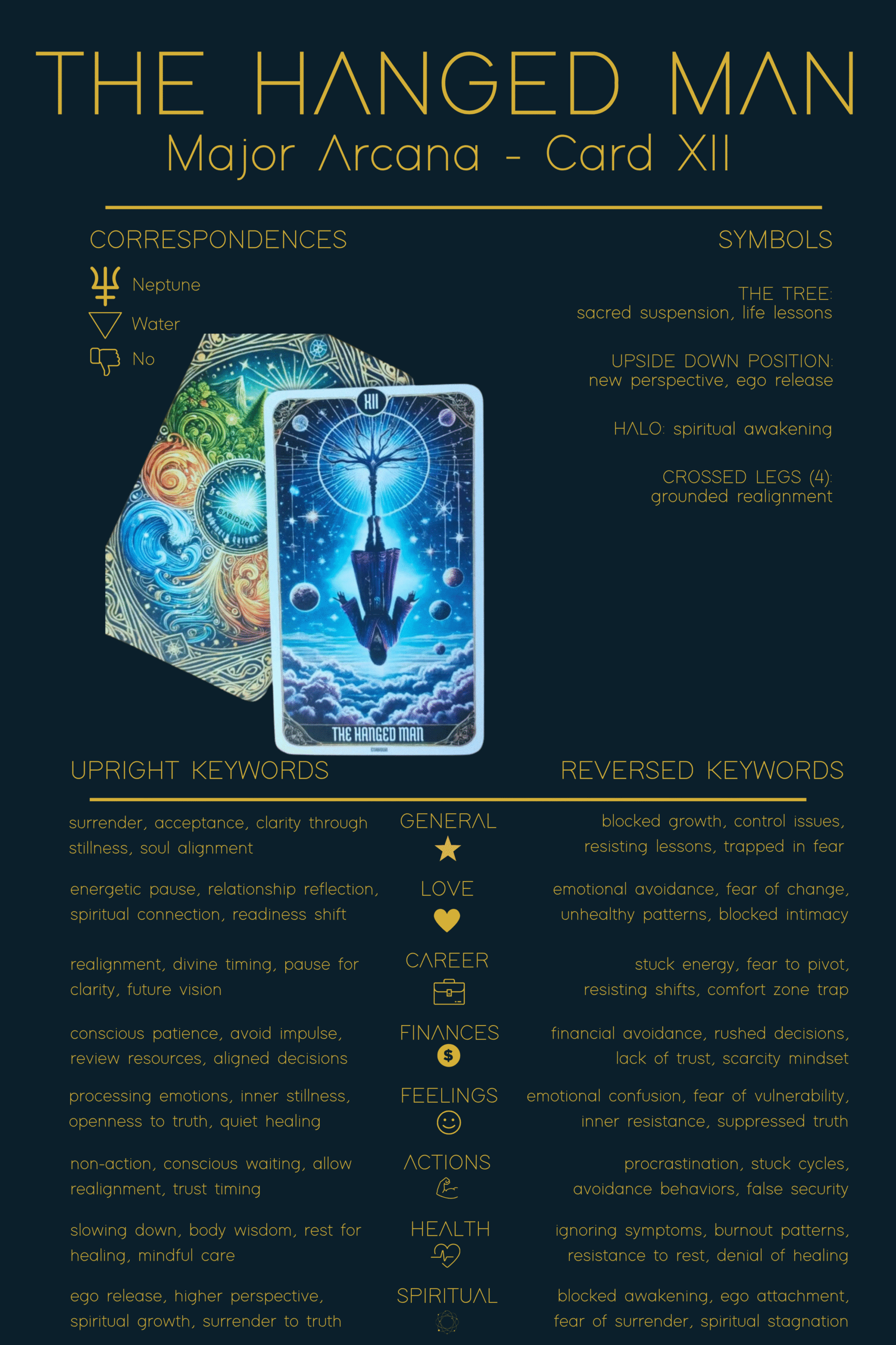 Infographic of The Hanged Man Tarot Cheat Sheet. The Hanged Man tarot card is displayed with upright meanings such as surrender, acceptance, clarity through stillness, and reversed meanings like blocked growth, control issues, and resisting lessons. Symbols include The Tree, Upside Down Position, Halo, and Crossed Legs. Correspondences: Neptune, Water.