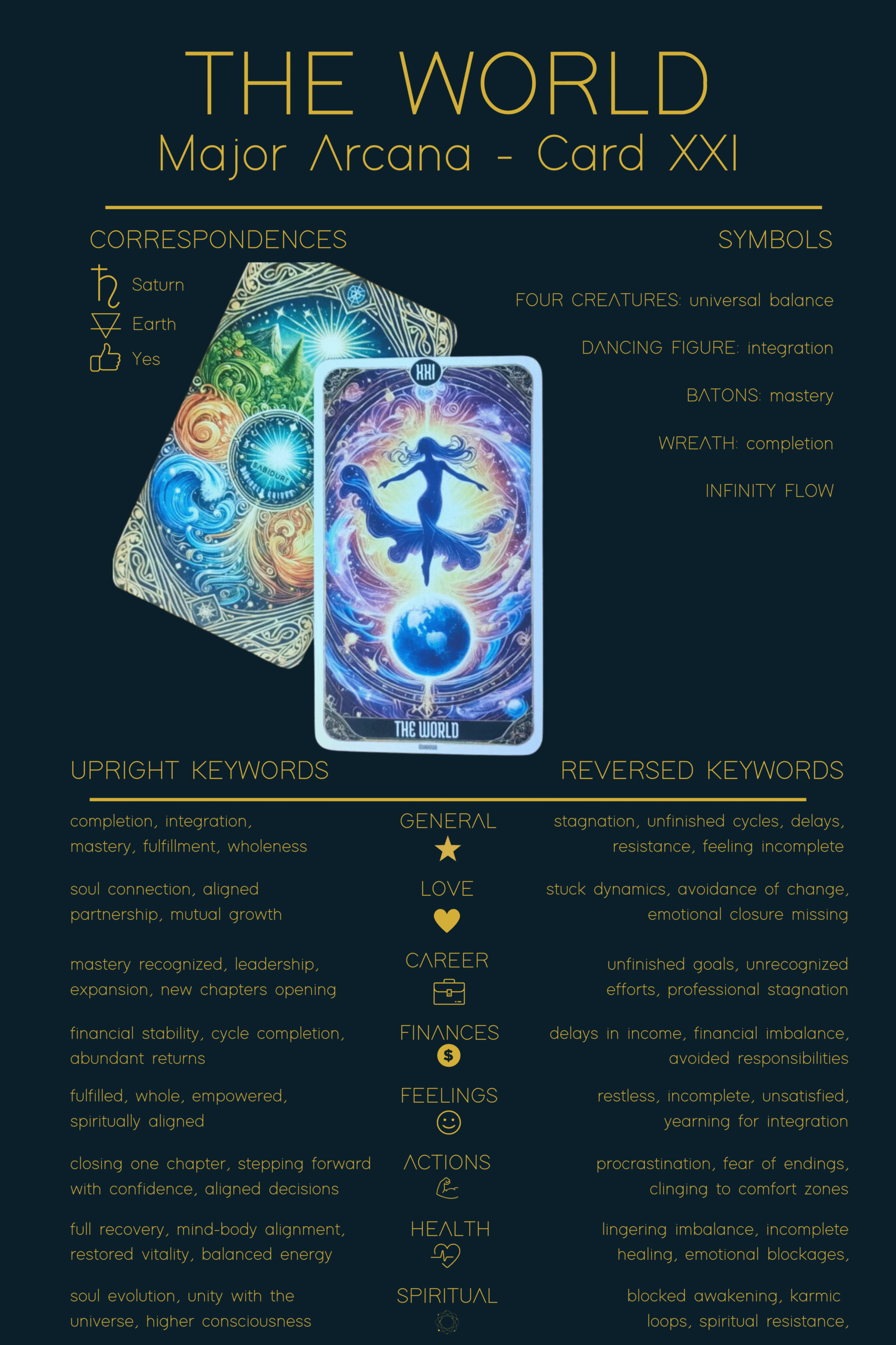 The World Tarot Card Meaning - 20 Major Arcana Tarot Card Meanings Illustration of The World Tarot Cheat Sheet. Shows a dancing figure inside a glowing wreath symbolizing completion and wholeness, with universal elements like Saturn and Earth. Includes keywords for upright meanings such as completion, integration, mastery, fulfillment, soul connection, and spiritual alignment, and reversed meanings like stagnation, unfinished cycles, delays, and blocked awakening. Additional symbols explained are the four creatures for universal balance, batons for mastery, and infinity flow representing continuous evolution.
