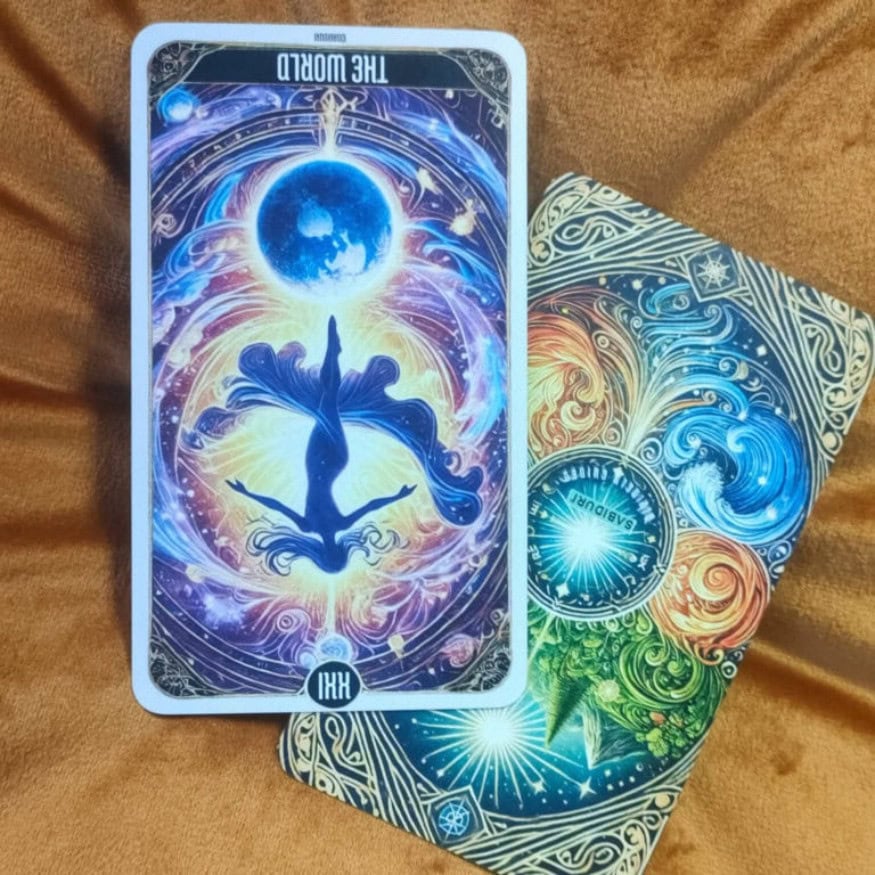 The World Tarot Card Meaning - 20 Major Arcana Tarot Card Meanings A detailed illustration of The World Tarot Card in reversed position. The card shows the same central female figure, but upside down, floating amidst swirling vibrant cosmic energy with planets and stars, and the Earth positioned at the top due to reversal. The card rests on a brown velvet surface with another card partially visible underneath, displaying colorful elemental patterns. This image visually represents The World Tarot Card reversed for a blog post.
