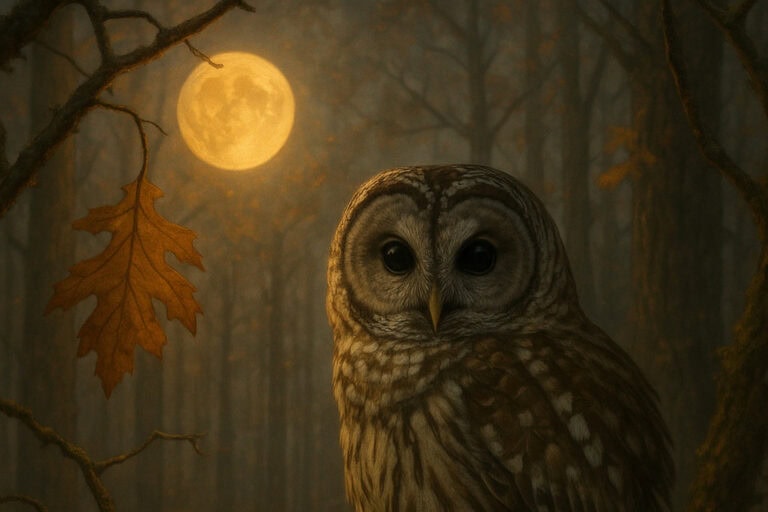 A mystical barred owl sits in a shadowy autumn forest under a full moon, symbolizing wisdom and intuition — a key Spirit Animal for November.