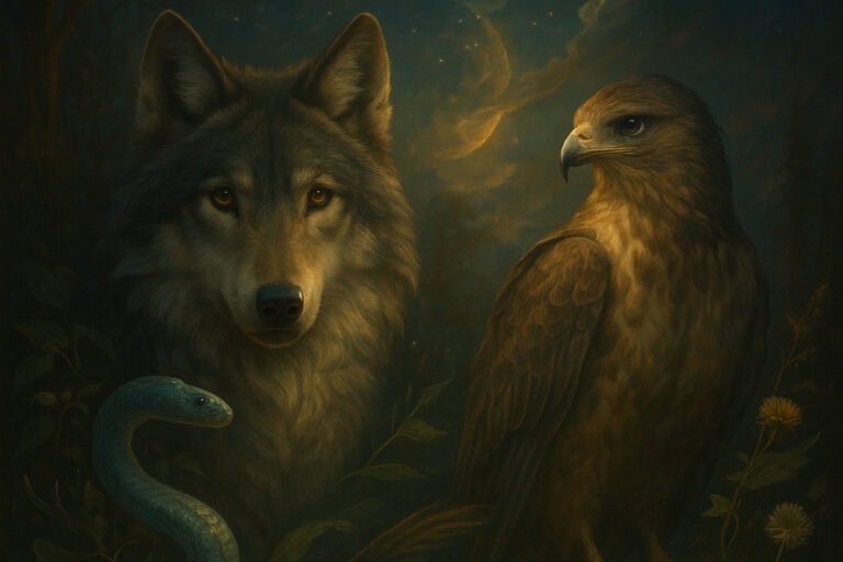 Mystical digital artwork representing the spirit animal for March, featuring a wolf, falcon, and snake in a dreamy forest landscape symbolizing renewal and rebirth