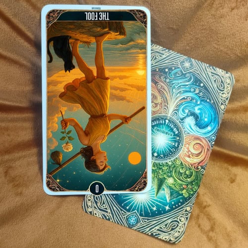 The Tarot Card Fool Meaning - 0 Major Arcana Tarot Card Meanings The Fool tarot card reversed, showing the same young traveler upside down, symbolizing recklessness, hesitation, or poor planning. This image illustrates the reversed interpretation of The Fool tarot card in the blog post, highlighting potential risks and warnings on the spiritual path.