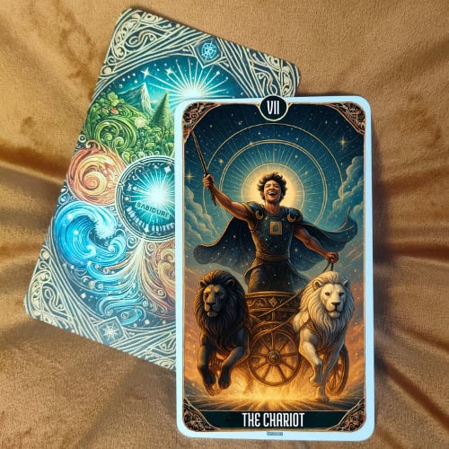 The Chariot Tarot Card - 7 Major Arcana Tarot Card Meanings The Chariot tarot card upright, showing a strong armored figure standing confidently on a chariot pulled by two powerful lions, one black and one white, symbolizing duality and control over opposing forces. Behind the chariot shines a bright circular cosmic portal filled with blue light, stars, and geometric patterns, representing willpower, determination, and forward movement. The night sky is filled with celestial symbols, reinforcing a sense of divine guidance and cosmic alignment. This image reflects the upright meaning of The Chariot tarot card, representing victory, determination, self-control, and successfully overcoming obstacles, as explained in the blog post.