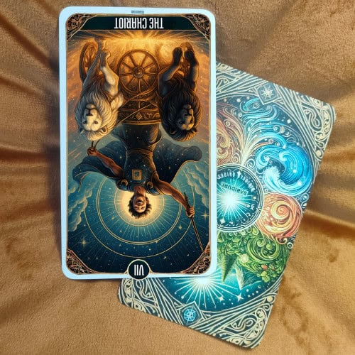 The Chariot Tarot Card - 7 Major Arcana Tarot Card Meanings The Chariot tarot card reversed, displaying the same armored figure and lions upside down, symbolizing lack of control, directionlessness, or being stuck. The cosmic background with glowing blue energy, stars, and the chariot remains present, but the inversion highlights internal conflict, loss of focus, and obstacles that block progress. This image represents the reversed meaning of The Chariot tarot card as discussed in the blog post, focusing on self-doubt, scattered energy, and stalled movement.