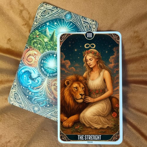 The Strength tarot card upright, showing a calm and composed person dressed in a red and black robe gently holding the jaw of a powerful lion, symbolizing inner strength, courage, and mastery over emotions. Behind them, a radiant cosmic sky filled with stars, moons, and sacred geometric patterns represents divine support and spiritual balance. The scene conveys harmony between human willpower and raw instinct. This image reflects the upright meaning of The Strength tarot card, symbolizing courage, patience, self-control, resilience, and inner fortitude as explained in the blog post.