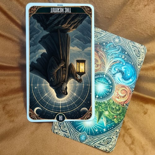 The Hermit Tarot Card Meaning - 9 Major Arcana Tarot Card Meanings The Hermit tarot card reversed, showing the same hooded figure upside down, symbolizing isolation, loneliness, or withdrawal from others. The glowing lantern, mountain peak, and cosmic sky with stars and sacred symbols remain, but the inversion highlights avoidance, excessive solitude, or difficulty finding inner guidance. This image represents the reversed meaning of The Hermit tarot card as discussed in the blog post, focusing on loneliness, disconnection, or feeling lost on the spiritual path.