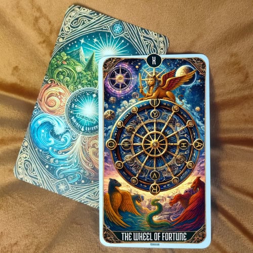 The Wheel of Fortune tarot card upright, featuring a large golden wheel with multiple symbols, zodiac signs, and gears representing fate, cycles, and destiny. The wheel is floating in a vibrant cosmic sky filled with planets, stars, and sacred geometry. Below the wheel, waves rise from the ocean with mystical figures in flowing robes, emphasizing the constant motion and changes of life. This image reflects the upright meaning of The Wheel of Fortune tarot card, symbolizing luck, destiny, life cycles, divine timing, and turning points, as explained in the blog post.