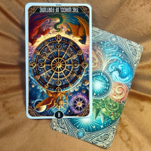 The Wheel of Fortune tarot card reversed, displaying the same large golden wheel upside down, symbolizing misfortune, setbacks, or resistance to change. The cosmic sky, planets, zodiac symbols, and ocean waves remain, but the inversion highlights cycles being disrupted, unexpected challenges, or a feeling of being stuck. This image represents the reversed meaning of The Wheel of Fortune tarot card as discussed in the blog post, focusing on delays, bad luck, and lack of control over life's shifts.