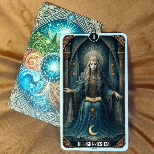 The High Priestess tarot card upright, featuring a mystical woman with long silver hair sitting on a grand throne, surrounded by celestial symbols, planets, and a cosmic background. She wears an ornate blue and silver robe, symbolizing wisdom, intuition, and inner knowledge. Behind her, a circular arrangement of moons and stars highlights her spiritual connection. This image represents the upright meaning of The High Priestess tarot card, focusing on intuition, mystery, and hidden knowledge as explained in the blog post.