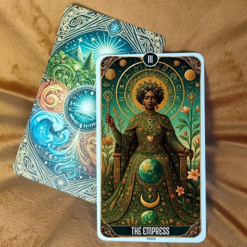 The Empress Tarot Card Meaning - 3 Major Arcana Tarot Card Meanings The Empress tarot card upright, showing a regal woman seated on a throne surrounded by lush blooming flowers, green plants, and cosmic symbols. She wears an elaborate gown with intricate patterns and holds a scepter in one hand, symbolizing authority and abundance. A glowing Earth appears at the bottom, emphasizing her connection to nature, fertility, and creation. A circular aura of stars and planets shines behind her head, symbolizing divine feminine energy. This image represents the upright meaning of The Empress tarot card, reflecting fertility, abundance, nurturing, and creative power, as explained in the blog post.