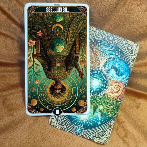 The Empress Tarot Card Meaning - 3 Major Arcana Tarot Card Meanings The Empress tarot card reversed, depicting the same elegant woman upside down, symbolizing blocked creativity, emotional emptiness, or over-dependence. The rich floral and celestial imagery remains, but the inversion highlights challenges in nurturing, imbalance in relationships, or creative stagnation. This image illustrates the reversed meaning of The Empress tarot card discussed in the blog post, focusing on creative blocks, self-neglect, or overbearing tendencies.
